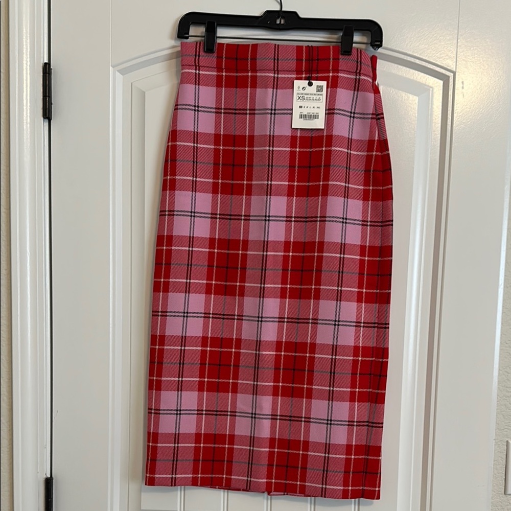 ZARA Pink and Red Midi Pencil Skirt